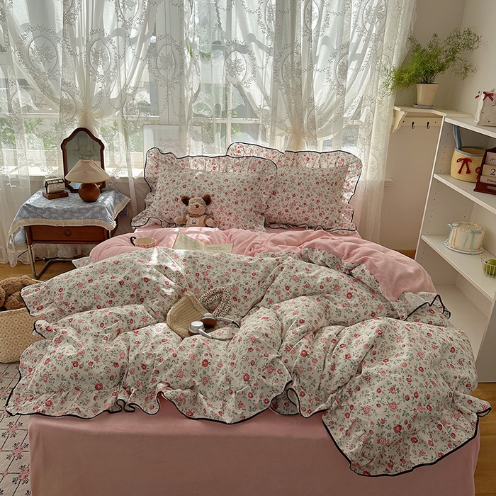 桃子家居 2025新款A类纯棉数码印花法式碎花棉加绒韩版花边碎花加厚牛奶绒四件套 棉加绒-花边茉拉