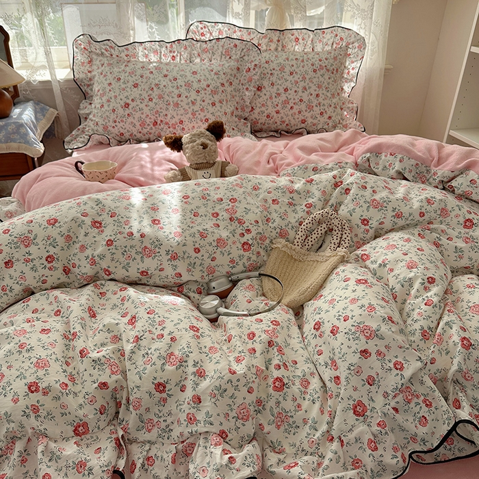 91家纺网 家纺一手货源 找家纺 桃子家居 2025新款A类纯棉数码印花法式碎花棉加绒韩版花边碎花加厚牛奶绒四件套 棉加绒-花边茉拉