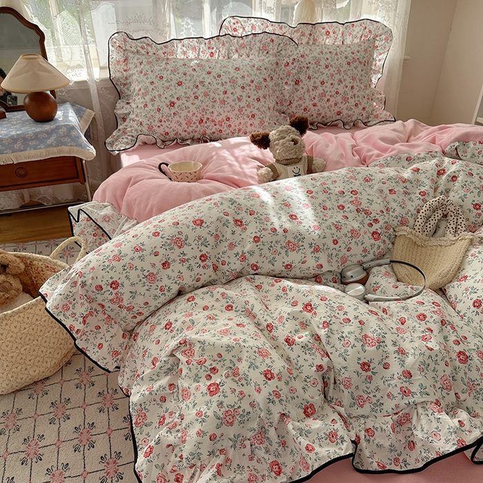 91家纺网 家纺一手货源 找家纺 桃子家居 2025新款A类纯棉数码印花法式碎花棉加绒韩版花边碎花加厚牛奶绒四件套 棉加绒-花边茉拉