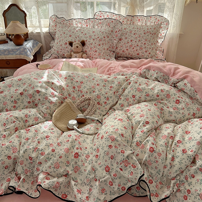 91家纺网 家纺一手货源 找家纺 桃子家居 2025新款A类纯棉数码印花法式碎花棉加绒韩版花边碎花加厚牛奶绒四件套 棉加绒-花边茉拉