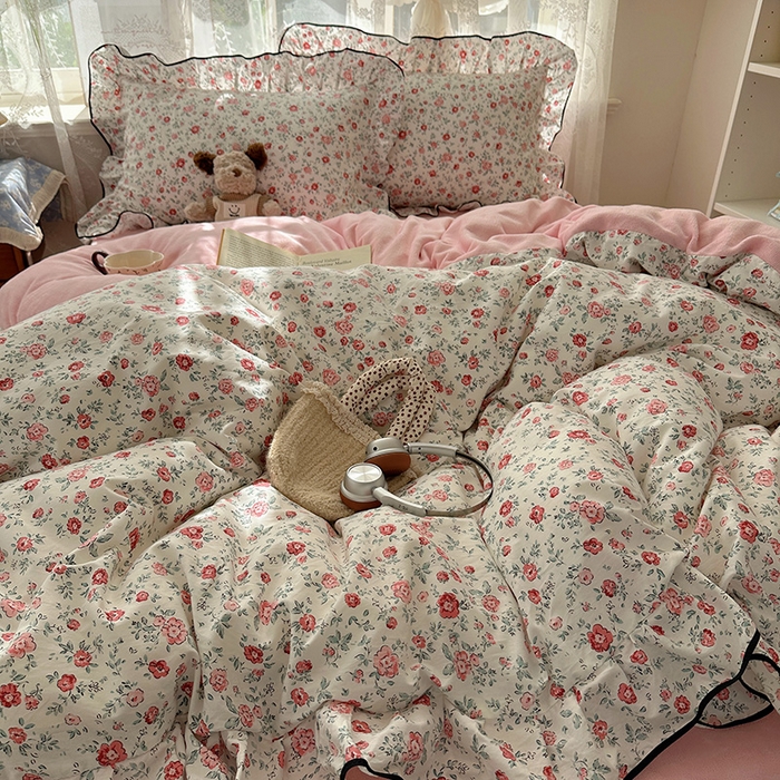 91家纺网 家纺一手货源 找家纺 桃子家居 2025新款A类纯棉数码印花法式碎花棉加绒韩版花边碎花加厚牛奶绒四件套 棉加绒-花边茉拉