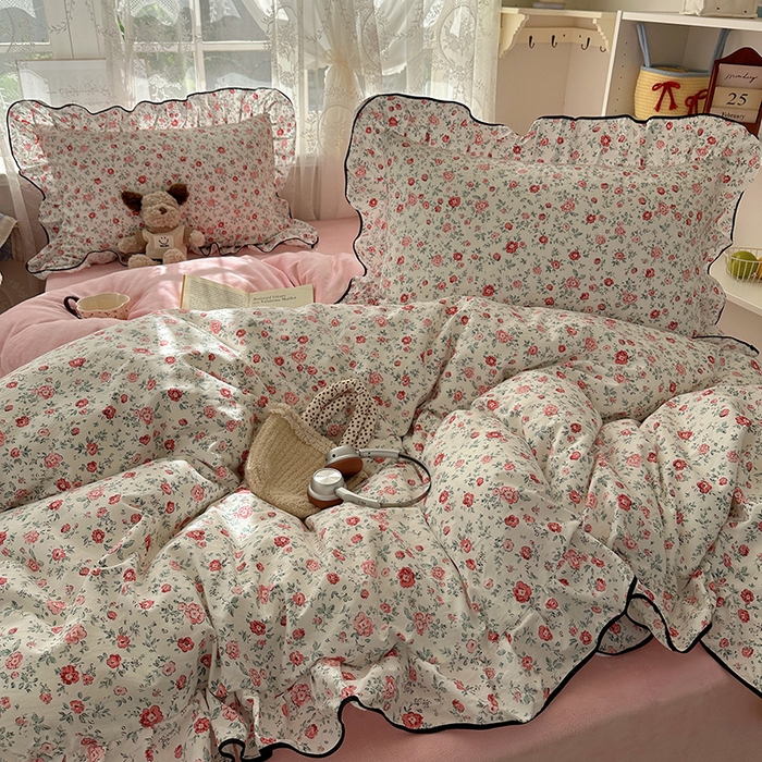 91家纺网 家纺一手货源 找家纺 桃子家居 2025新款A类纯棉数码印花法式碎花棉加绒韩版花边碎花加厚牛奶绒四件套 棉加绒-花边茉拉