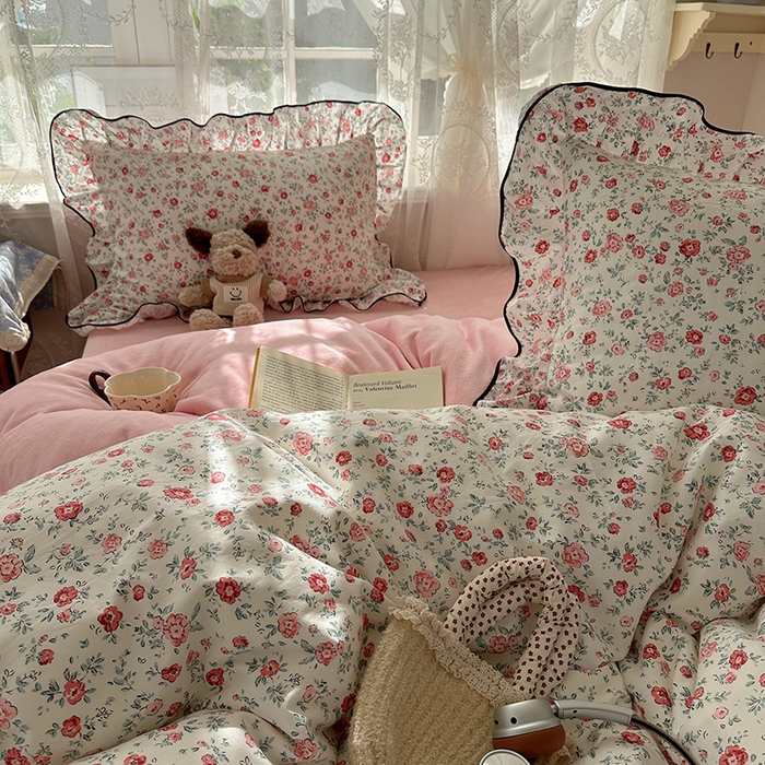 91家纺网 家纺一手货源 找家纺 桃子家居 2025新款A类纯棉数码印花法式碎花棉加绒韩版花边碎花加厚牛奶绒四件套 棉加绒-花边茉拉