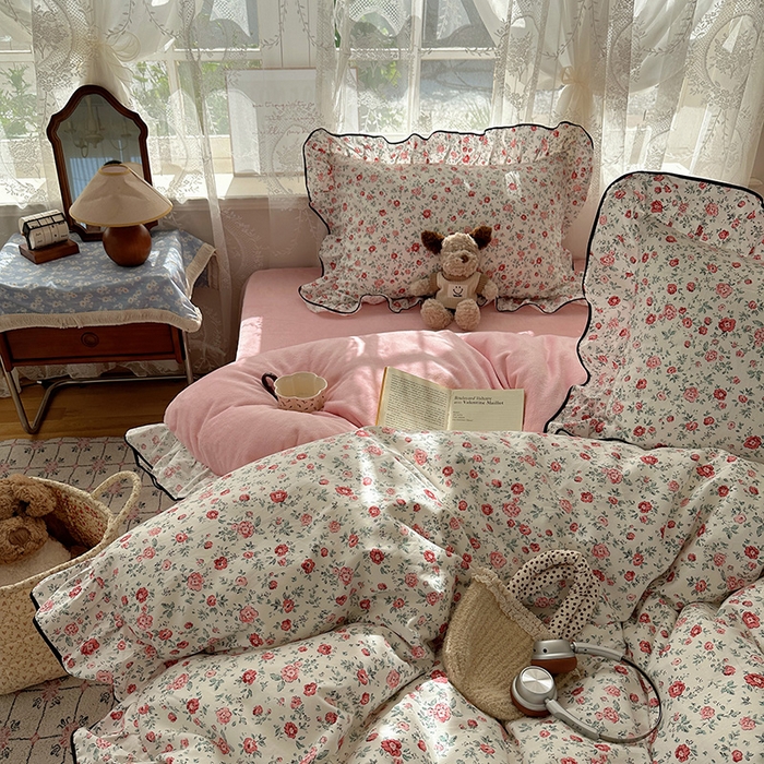 91家纺网 家纺一手货源 找家纺 桃子家居 2025新款A类纯棉数码印花法式碎花棉加绒韩版花边碎花加厚牛奶绒四件套 棉加绒-花边茉拉