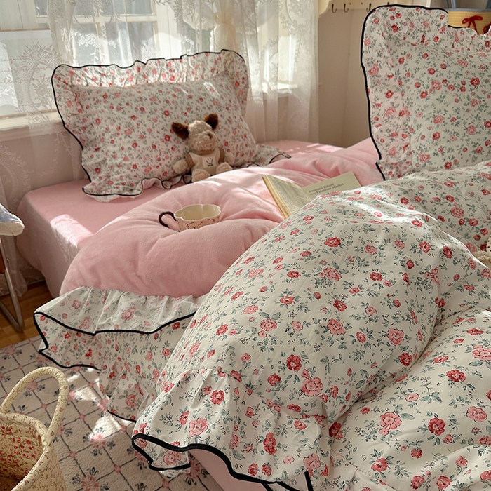 91家纺网 家纺一手货源 找家纺 桃子家居 2025新款A类纯棉数码印花法式碎花棉加绒韩版花边碎花加厚牛奶绒四件套 棉加绒-花边茉拉