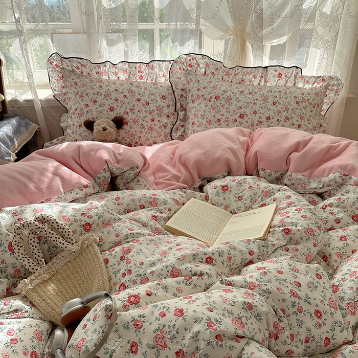 91家纺网 家纺一手货源 找家纺 桃子家居 2025新款A类纯棉数码印花法式碎花棉加绒韩版花边碎花加厚牛奶绒四件套 棉加绒-花边茉拉