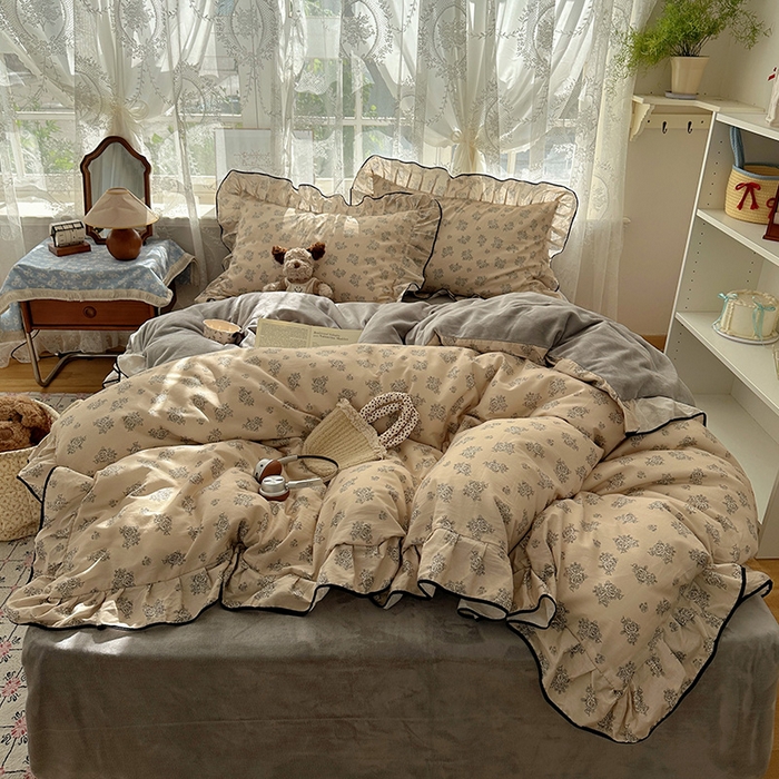 桃子家居 2025新款A类纯棉数码印花法式碎花棉加绒韩版花边碎花加厚牛奶绒四件套 棉加绒-花边清香