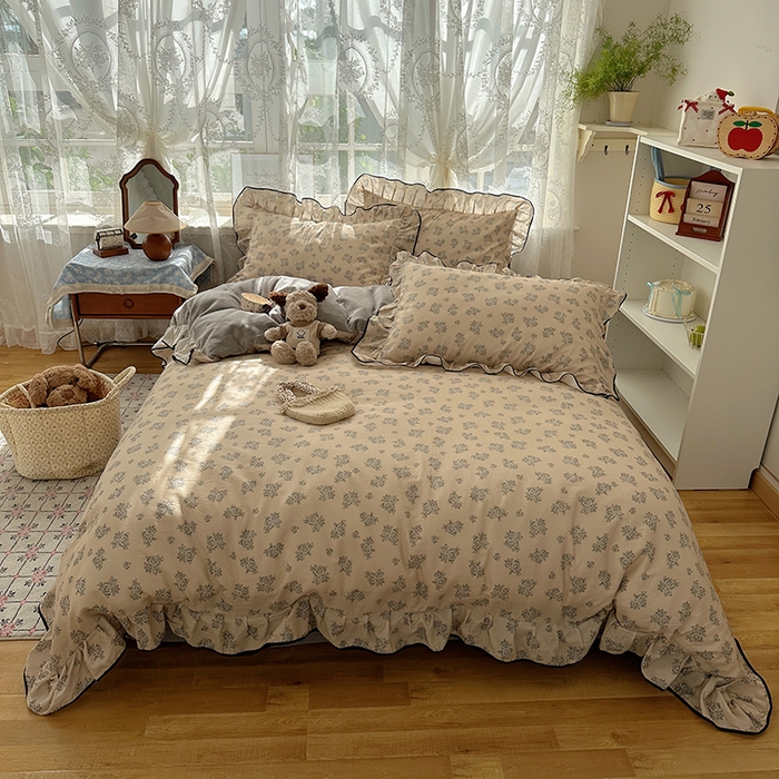 91家纺网 家纺一手货源 找家纺 桃子家居 2025新款A类纯棉数码印花法式碎花棉加绒韩版花边碎花加厚牛奶绒四件套 棉加绒-花边清香