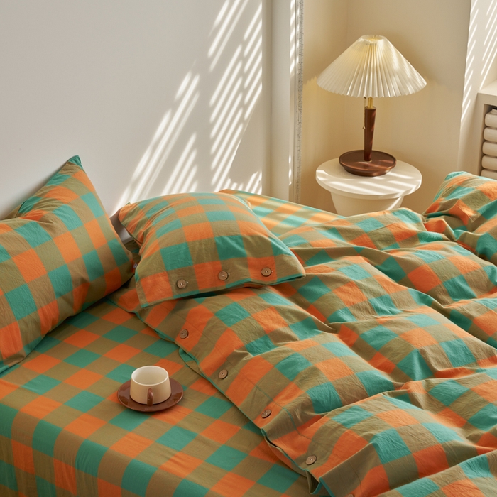 91家纺网 家纺一手货源 找家纺 贝尔 PELLHOME 全棉色织水洗棉纽扣款四件套-美拉德系列（可抖音代发） 多巴胺