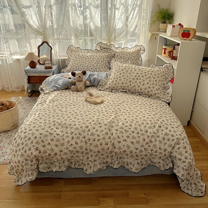 91家纺网 家纺一手货源 找家纺 桃子家居 2025新款A类纯棉数码印花法式碎花棉加绒韩版花边碎花加厚牛奶绒四件套 棉加绒-花边素瑾