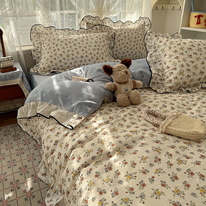 91家纺网 家纺一手货源 找家纺 桃子家居 2025新款A类纯棉数码印花法式碎花棉加绒韩版花边碎花加厚牛奶绒四件套 棉加绒-花边素瑾