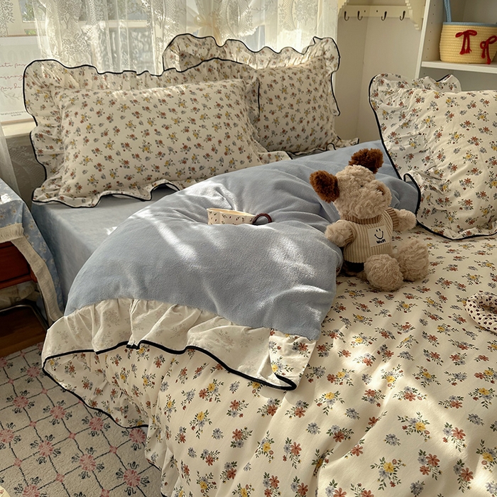 91家纺网 家纺一手货源 找家纺 桃子家居 2025新款A类纯棉数码印花法式碎花棉加绒韩版花边碎花加厚牛奶绒四件套 棉加绒-花边素瑾