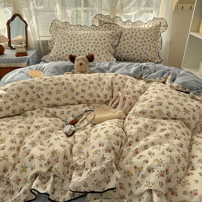 91家纺网 家纺一手货源 找家纺 桃子家居 2025新款A类纯棉数码印花法式碎花棉加绒韩版花边碎花加厚牛奶绒四件套 棉加绒-花边素瑾