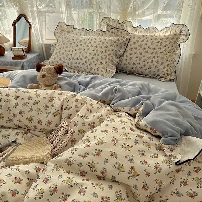 91家纺网 家纺一手货源 找家纺 桃子家居 2025新款A类纯棉数码印花法式碎花棉加绒韩版花边碎花加厚牛奶绒四件套 棉加绒-花边素瑾