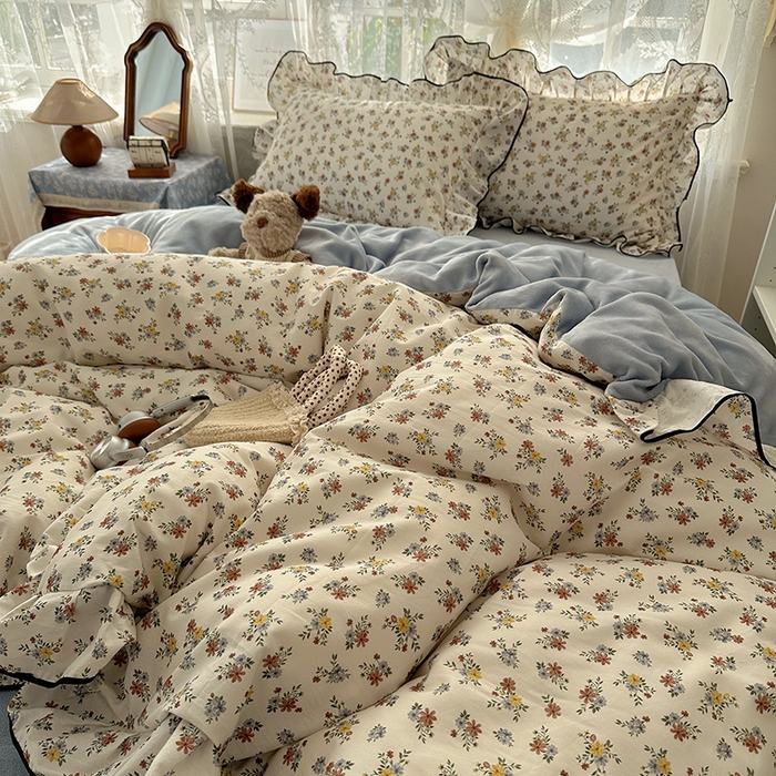 91家纺网 家纺一手货源 找家纺 桃子家居 2025新款A类纯棉数码印花法式碎花棉加绒韩版花边碎花加厚牛奶绒四件套 棉加绒-花边素瑾