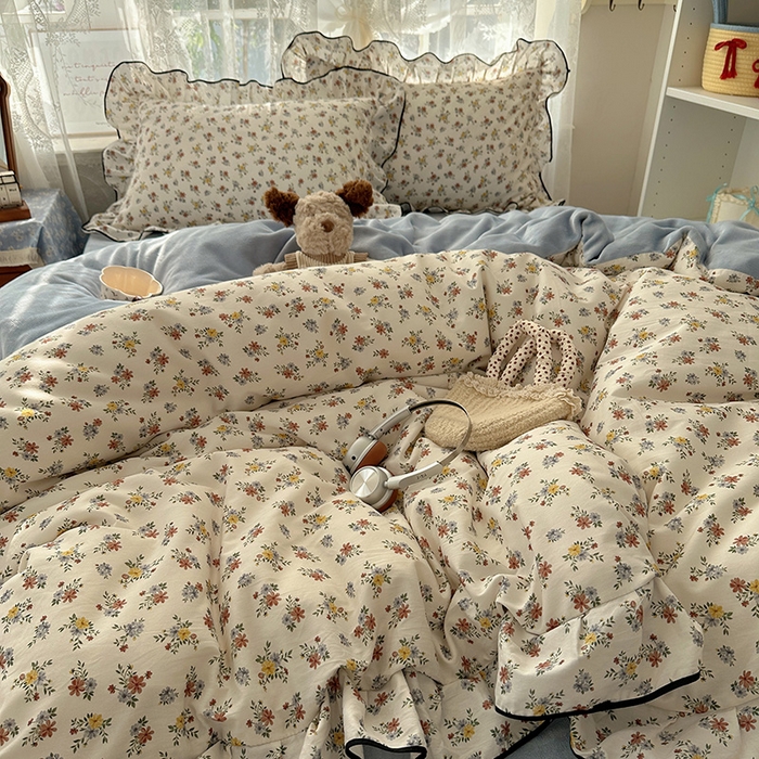 91家纺网 家纺一手货源 找家纺 桃子家居 2025新款A类纯棉数码印花法式碎花棉加绒韩版花边碎花加厚牛奶绒四件套 棉加绒-花边素瑾