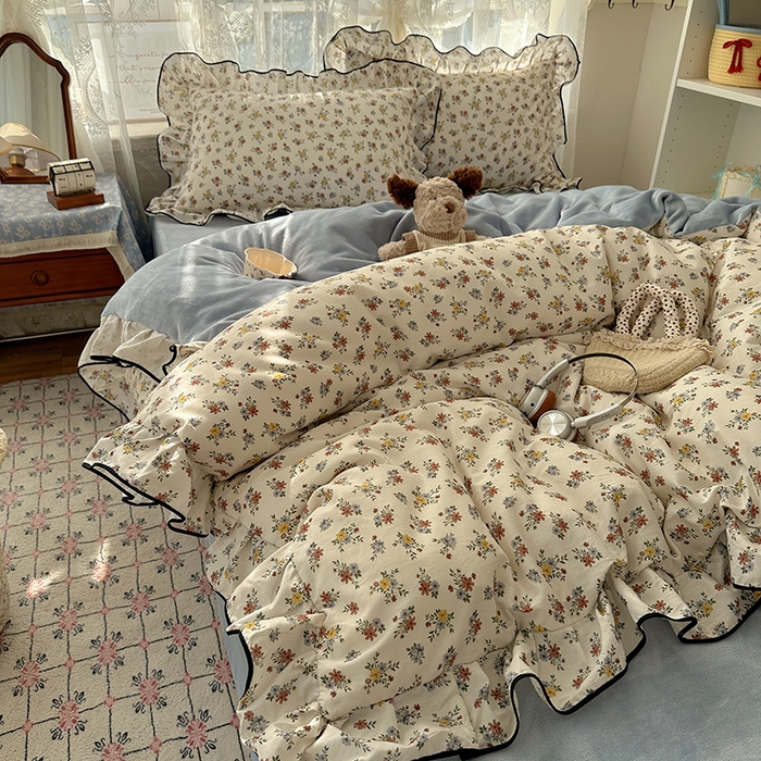 91家纺网 家纺一手货源 找家纺 桃子家居 2025新款A类纯棉数码印花法式碎花棉加绒韩版花边碎花加厚牛奶绒四件套 棉加绒-花边素瑾