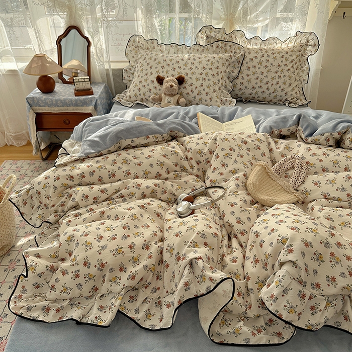 91家纺网 家纺一手货源 找家纺 桃子家居 2025新款A类纯棉数码印花法式碎花棉加绒韩版花边碎花加厚牛奶绒四件套 棉加绒-花边素瑾