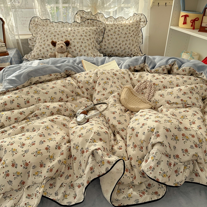 91家纺网 家纺一手货源 找家纺 桃子家居 2025新款A类纯棉数码印花法式碎花棉加绒韩版花边碎花加厚牛奶绒四件套 棉加绒-花边素瑾