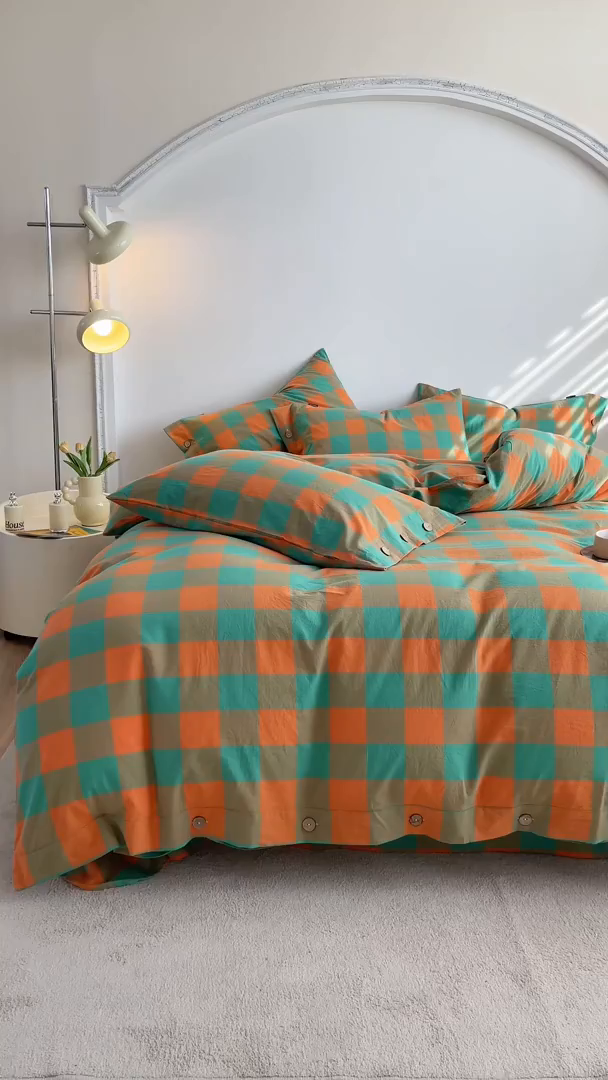 91家纺网 家纺一手货源 找家纺 贝尔 PELLHOME 全棉色织水洗棉纽扣款四件套-美拉德系列（可抖音代发） 多巴胺