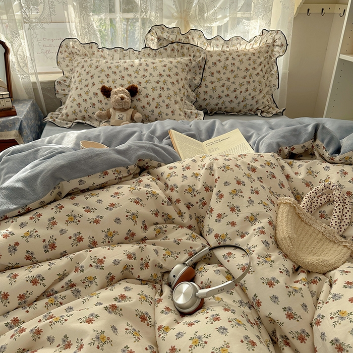 91家纺网 家纺一手货源 找家纺 桃子家居 2025新款A类纯棉数码印花法式碎花棉加绒韩版花边碎花加厚牛奶绒四件套 棉加绒-花边素瑾