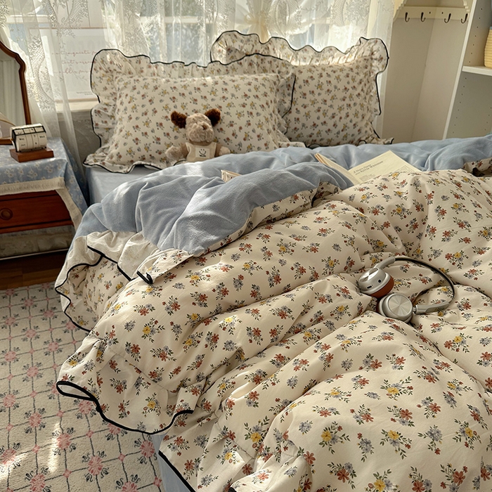 91家纺网 家纺一手货源 找家纺 桃子家居 2025新款A类纯棉数码印花法式碎花棉加绒韩版花边碎花加厚牛奶绒四件套 棉加绒-花边素瑾