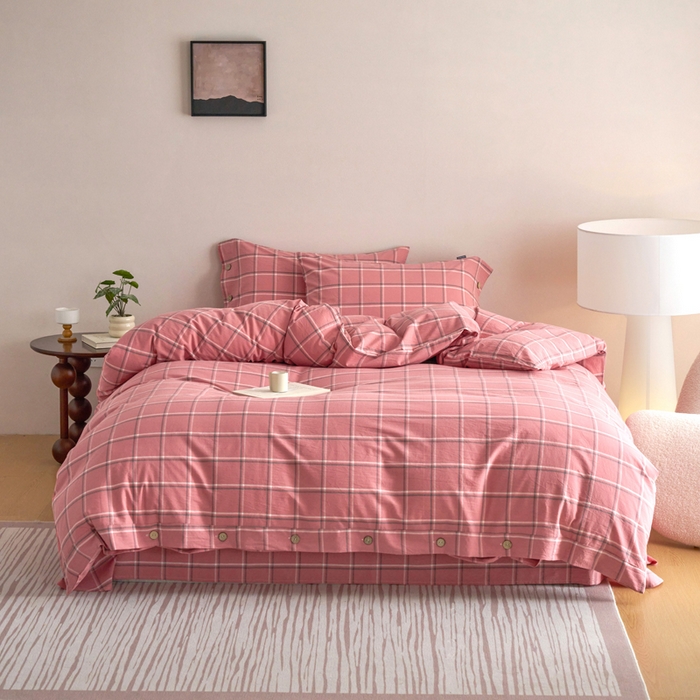 贝尔 A类全棉纽扣水洗棉四件套 温柔粉