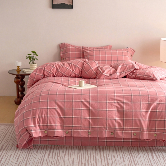 91家纺网 家纺一手货源 找家纺 贝尔 A类全棉纽扣水洗棉四件套 温柔粉