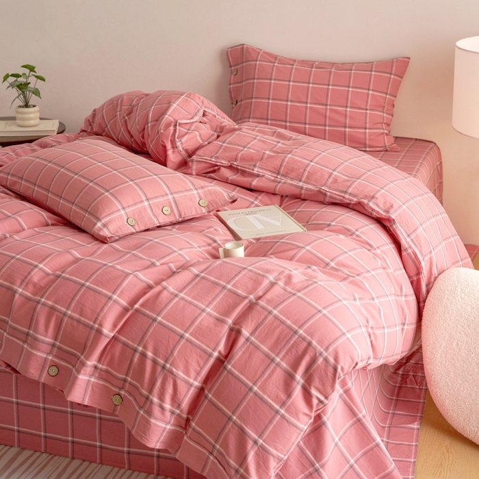 91家纺网 家纺一手货源 找家纺 贝尔 A类全棉纽扣水洗棉四件套 温柔粉