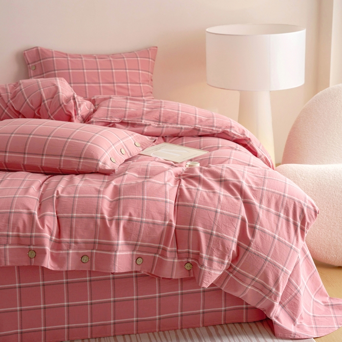 91家纺网 家纺一手货源 找家纺 贝尔 A类全棉纽扣水洗棉四件套 温柔粉