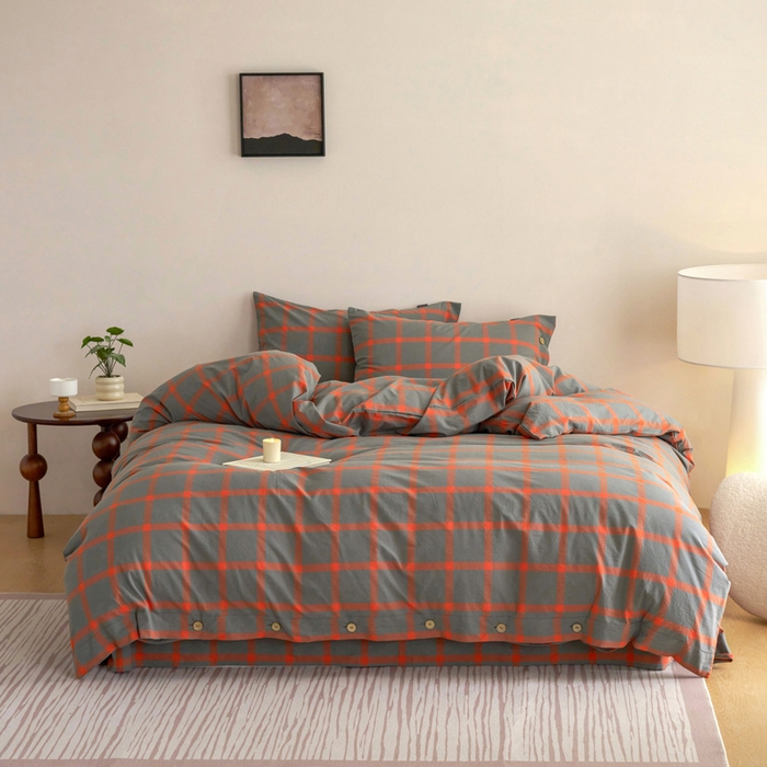 贝尔 A类全棉纽扣水洗棉四件套 日落珊瑚