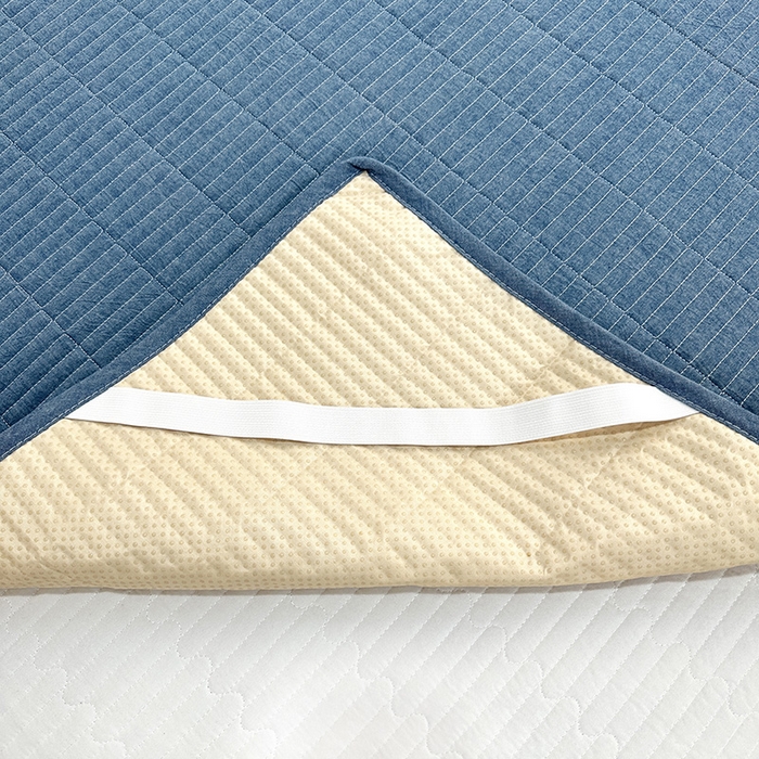 91家纺网 家纺一手货源 找家纺 拾小柒 2025新款全棉色织水洗棉防水隔尿床护垫床盖 牛仔蓝