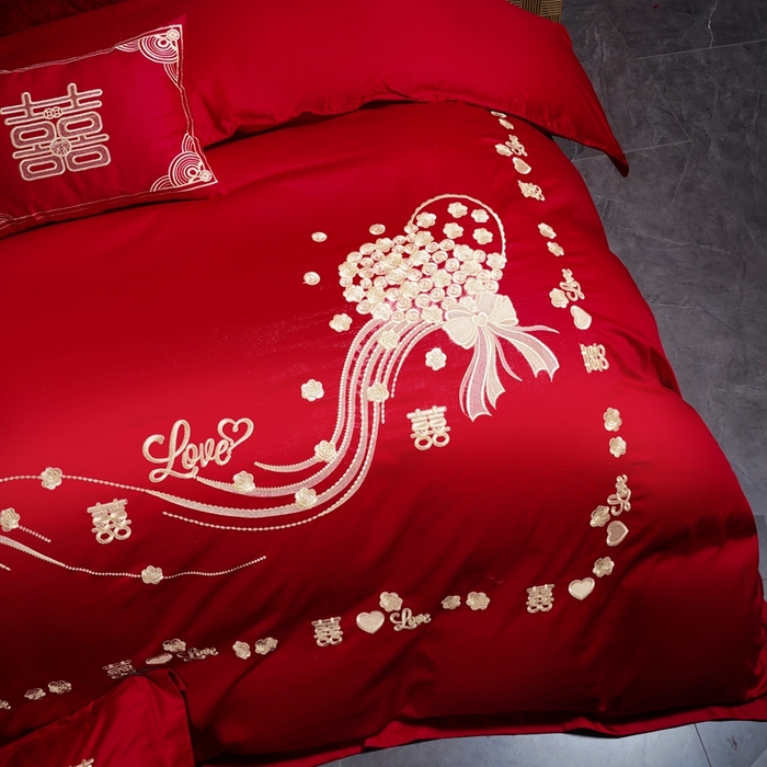 91家纺网 家纺一手货源 找家纺 芊囍纺 2025新款全棉刺绣婚庆四件套 幸福约定金