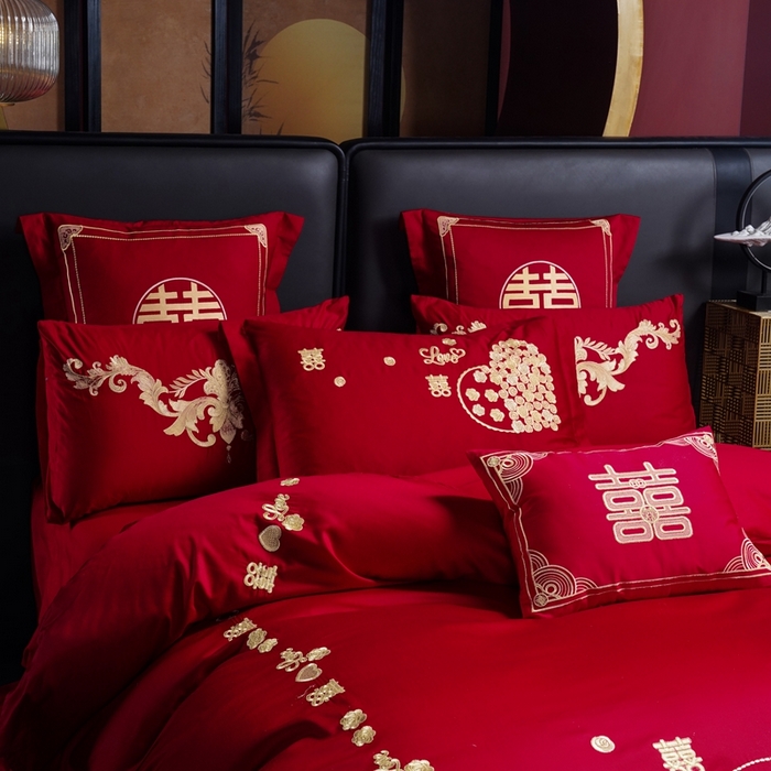 91家纺网 家纺一手货源 找家纺 芊囍纺 2025新款全棉刺绣婚庆四件套 幸福约定金