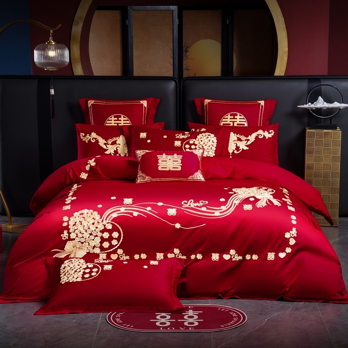 芊囍纺 2025新款全棉刺绣婚庆四件套 幸福约定金