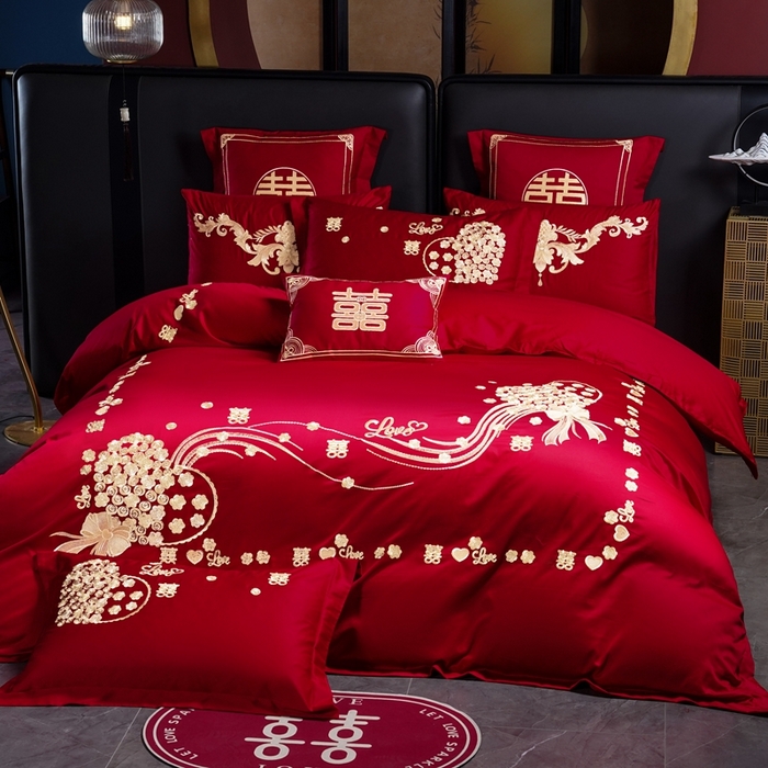 91家纺网 家纺一手货源 找家纺 芊囍纺 2025新款全棉刺绣婚庆四件套 幸福约定金