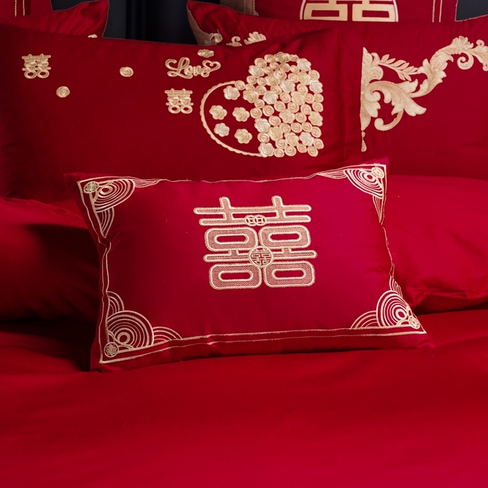 91家纺网 家纺一手货源 找家纺 芊囍纺 2025新款全棉刺绣婚庆四件套 幸福约定金