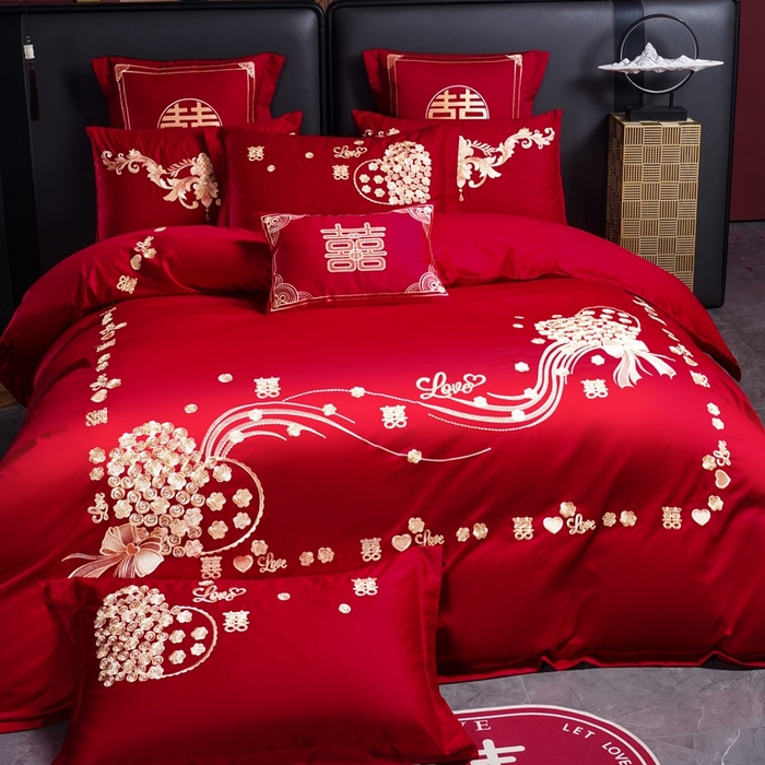 91家纺网 家纺一手货源 找家纺 芊囍纺 2025新款全棉刺绣婚庆四件套 幸福约定金