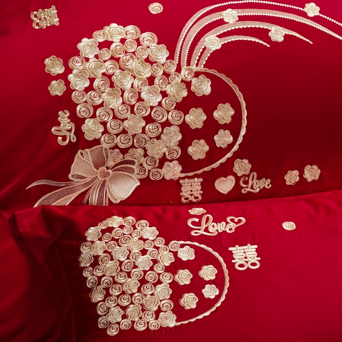 91家纺网 家纺一手货源 找家纺 芊囍纺 2025新款全棉刺绣婚庆四件套 幸福约定金