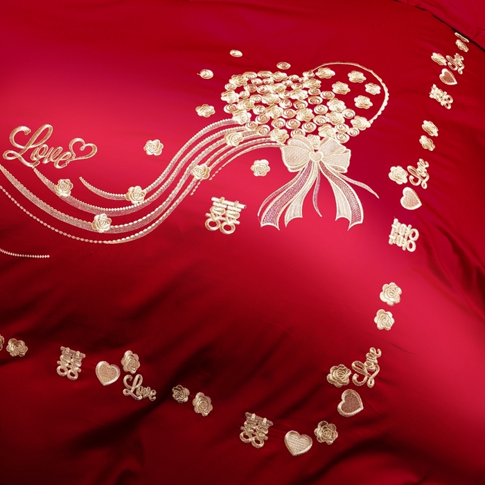 91家纺网 家纺一手货源 找家纺 芊囍纺 2025新款全棉刺绣婚庆四件套 幸福约定金