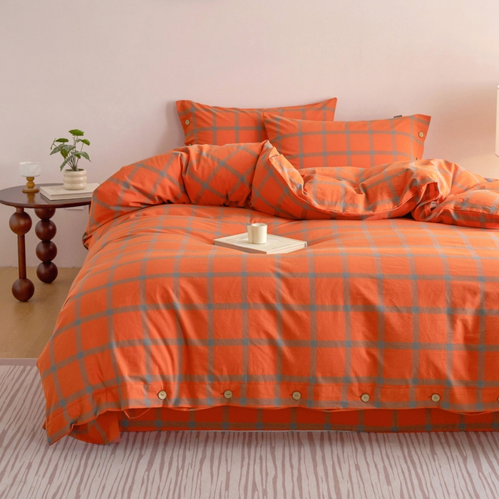 91家纺网 家纺一手货源 找家纺 贝尔 A类全棉纽扣水洗棉四件套 石榴红