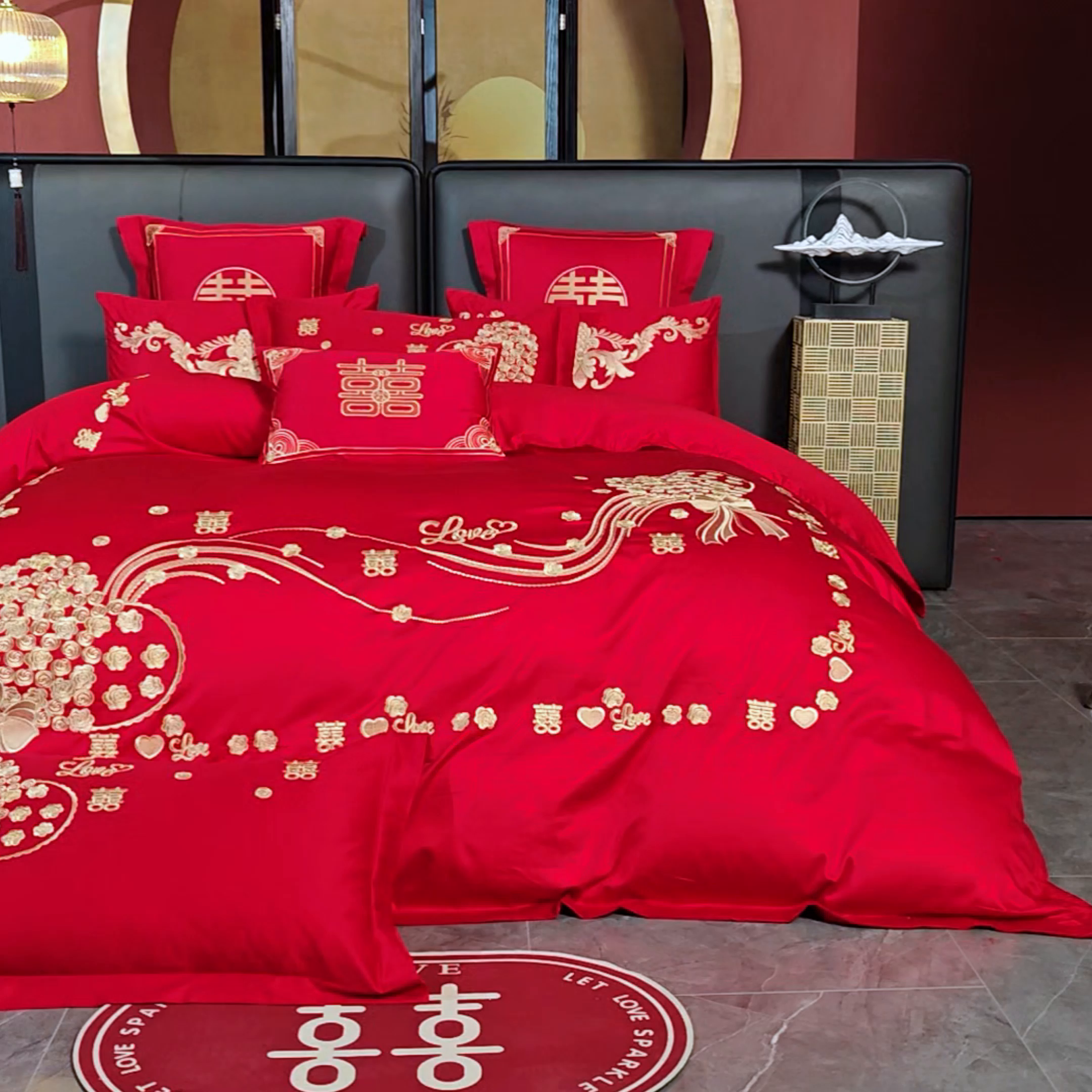 91家纺网 家纺一手货源 找家纺 芊囍纺 2025新款全棉刺绣婚庆四件套 幸福约定金