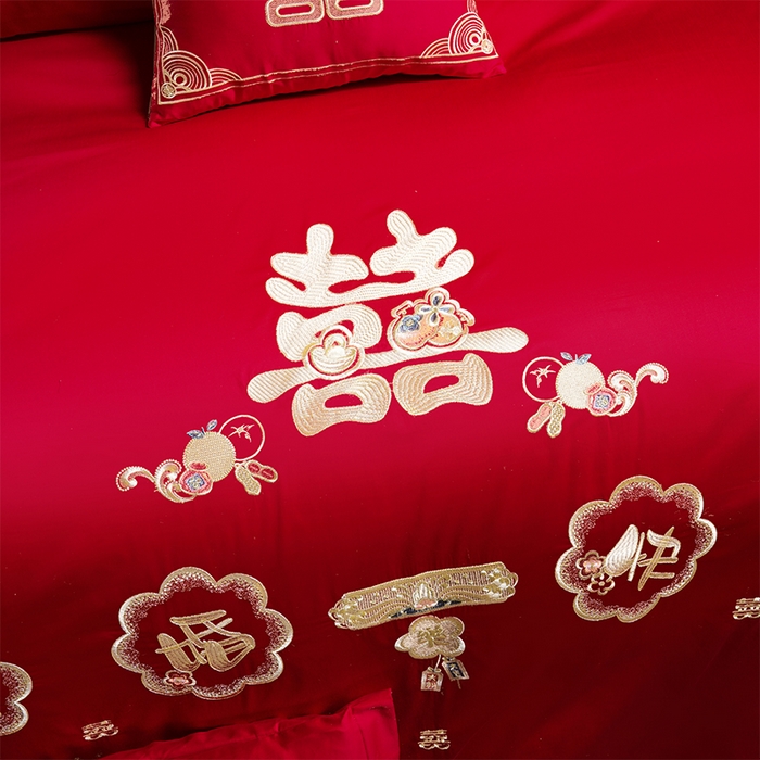 91家纺网 家纺一手货源 找家纺 芊囍纺 2025新款全棉刺绣婚庆四件套 新婚快乐