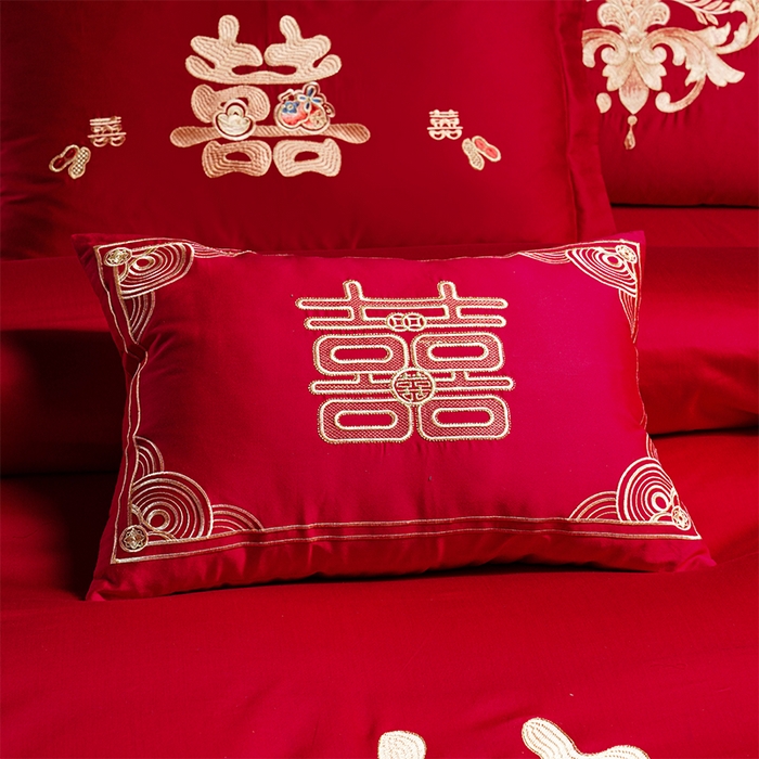 91家纺网 家纺一手货源 找家纺 芊囍纺 2025新款全棉刺绣婚庆四件套 新婚快乐