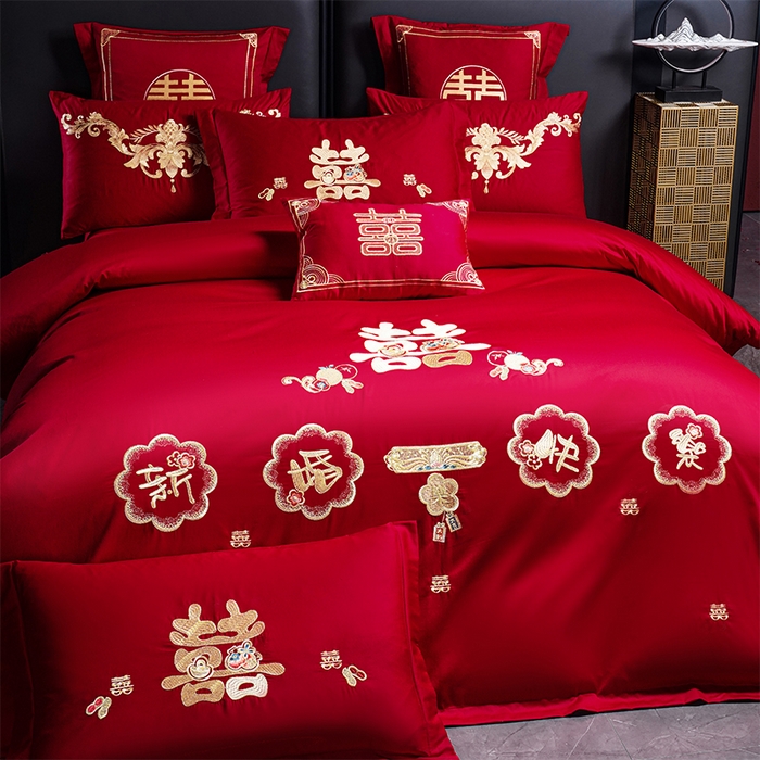 91家纺网 家纺一手货源 找家纺 芊囍纺 2025新款全棉刺绣婚庆四件套 新婚快乐