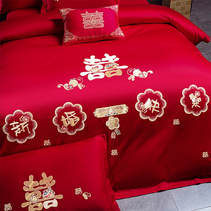 91家纺网 家纺一手货源 找家纺 芊囍纺 2025新款全棉刺绣婚庆四件套 新婚快乐