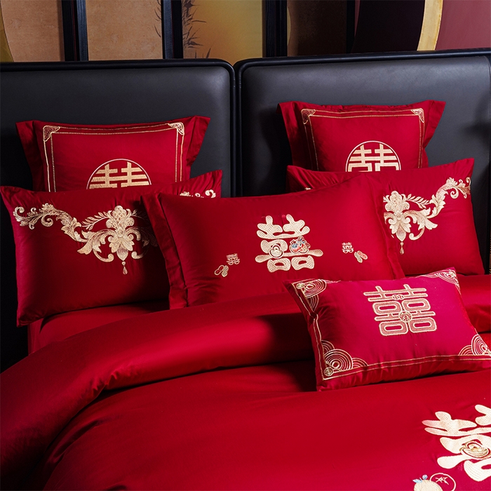 91家纺网 家纺一手货源 找家纺 芊囍纺 2025新款全棉刺绣婚庆四件套 新婚快乐