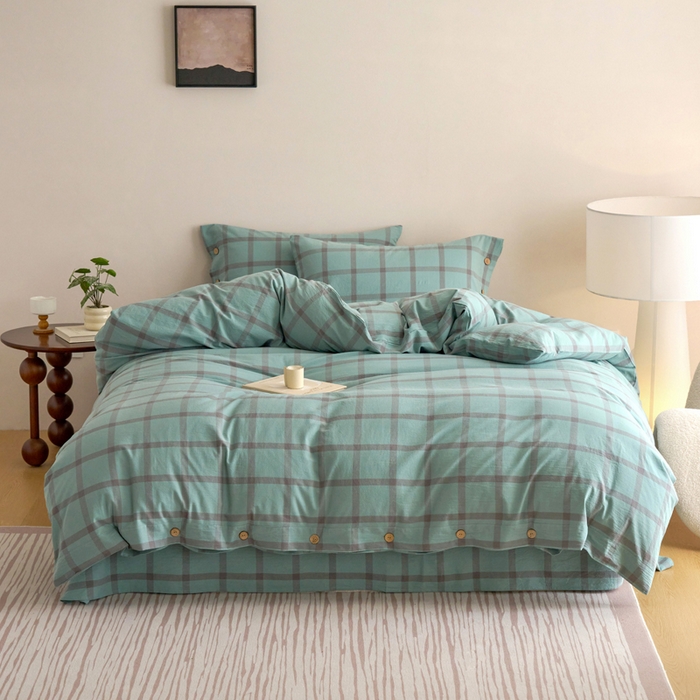 贝尔 A类全棉纽扣水洗棉四件套 野蕨绿