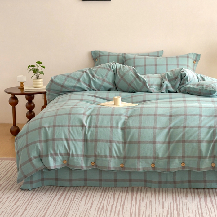 91家纺网 家纺一手货源 找家纺 贝尔 A类全棉纽扣水洗棉四件套 野蕨绿