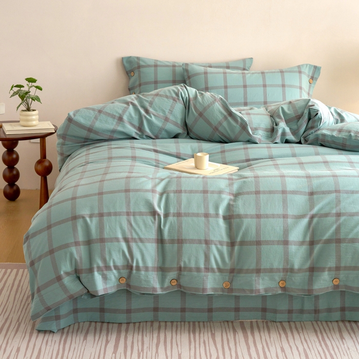 91家纺网 家纺一手货源 找家纺 贝尔 A类全棉纽扣水洗棉四件套 野蕨绿